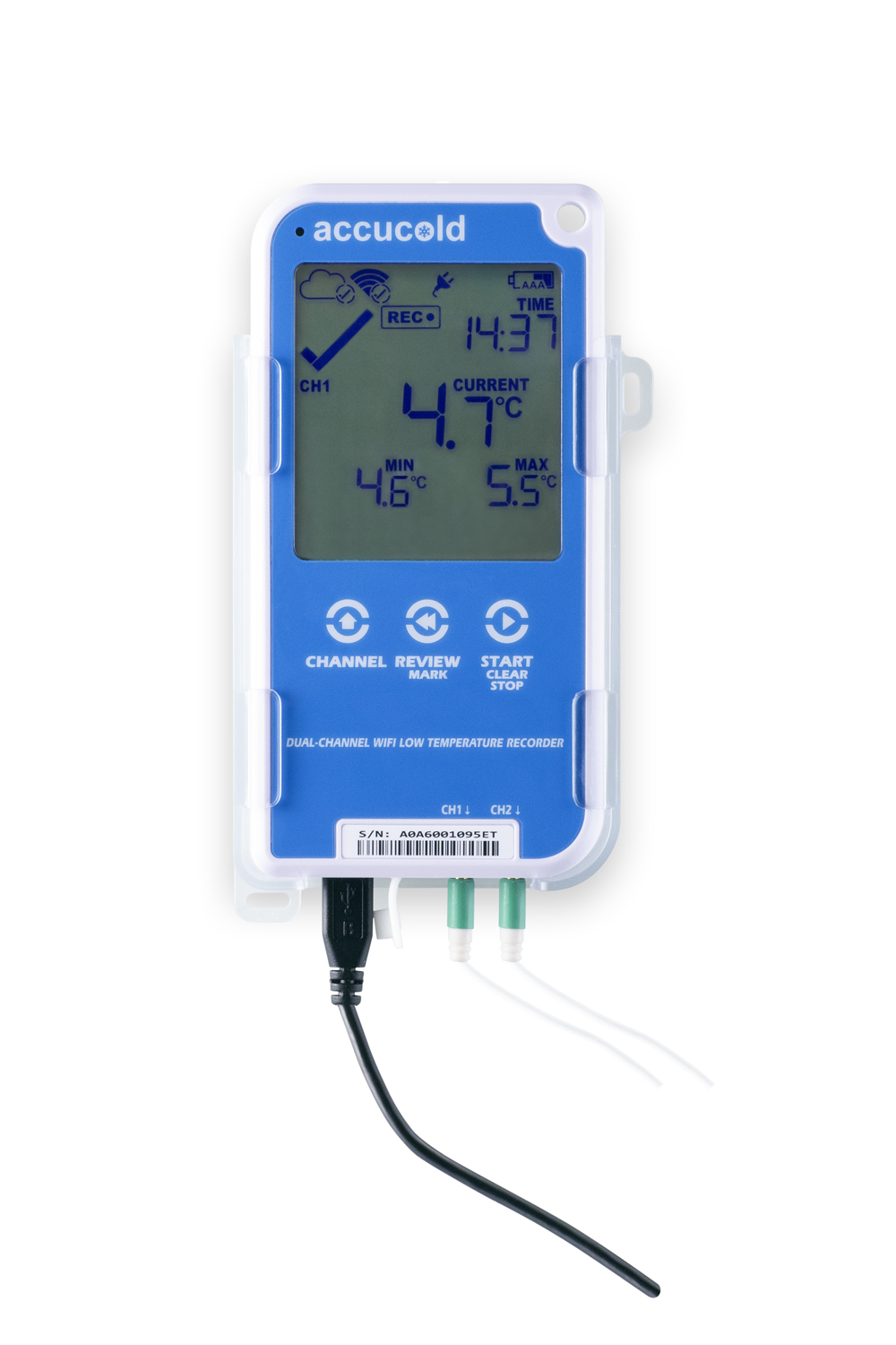NIST calibrated wifi/Bluetooth enabled dual channel digital data logger with LCD display of the current and high/low temperature and audible/visual temperature alarm